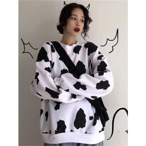 O Neck Autumn Hoodie Sweatshirt Women Tops Loose Casual Cute Milk Print Hoodie Streetwear Girl Pullover Hoodies Funny Female