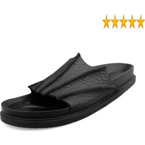 Pleated Men Summer Slides Designer Outside Male Luxury Genuine Leather Slippers Fashion Thick Platform Streetwear Shoes