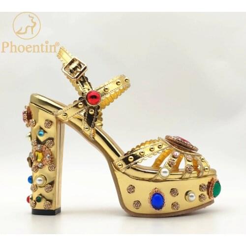 Phoentin Rhinestone luxury women heels 14cm Gold Metallic woman sandals party narrow bands wedding womens shoes platform FT1011