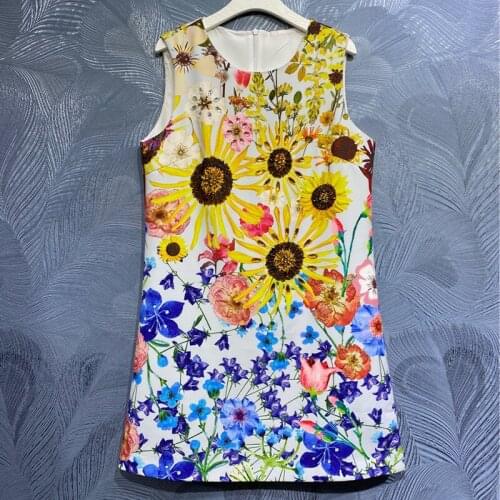 Seifrmann New 2021 Summer Women Fashion Designer Party Mini Dress Sleeveless Gorgeous Crystal Floral Print Elegant Lady Dresses