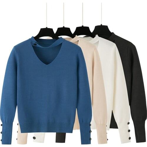 LJSXLS Sueters De Mujer 2021 Autumn Casual Knitted Pullover Women Sexy Hollow Out Sweaters Female Button Long Sleeve Sweater Top