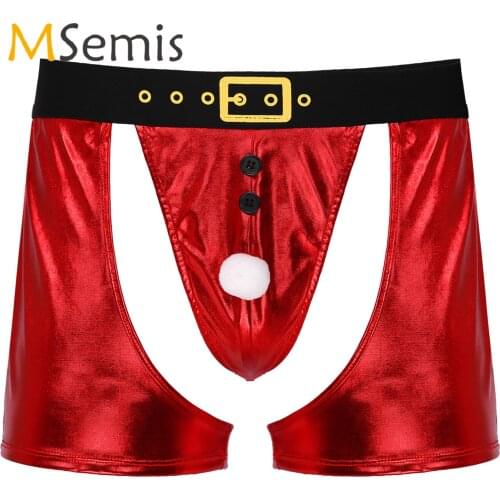 Mens Glossy Faux Leather Cutout Boxer Shorts Novelty Christmas Claus Santa Underpants Faux Fur Ball Decor Bulge Pouch Underwear