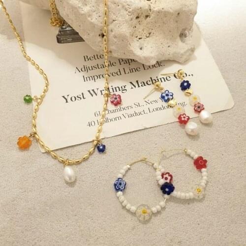 MENGJIQIAO Fashion Cute Acrylic Colorful Flower Beads Hoop Earrings For Women Girls Simple Circle Boucle d'oreille Jewery Gifts