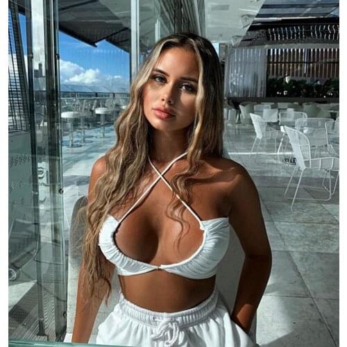 Women Summer Slim Sexy Top Solid Color Front Cross Halter Back Straps Bandage Hollow Back Bra Crop Wild Fashion Top T-Shirt Tank