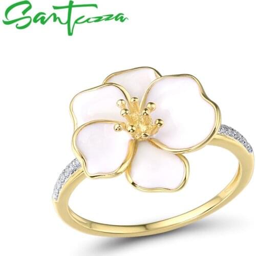 SANTUZZA Silver Rings For Women Genuine 925 Sterling Silver Delicate White Orchid Flower Trendy Fine Jewelry Handmade Enamel