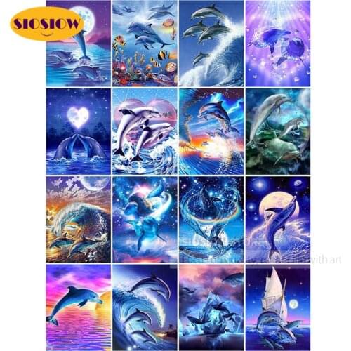 SIOSIOW 5D Diy Full Square Diamond Painting Dolphin Cross Stitch 3d Diamond Beads Embroidery Dolphins Animals Picture Home Decor
