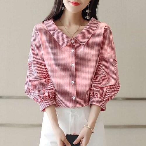 2021 Ladies Plaid Loose Shirts Women V-Neck Print Lantern Sleeve Cotton Blouse Female Three Quarter Casual Blouses Tops L276