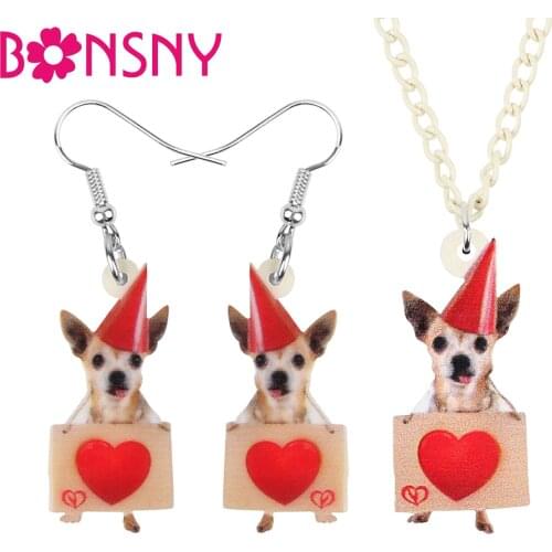 Bonsny Acrylic Christmas Hat Chihuahua Dog Heart Board Jewelry Sets Necklace Earrings Animal Jewelry For Women Girls Teens Gift