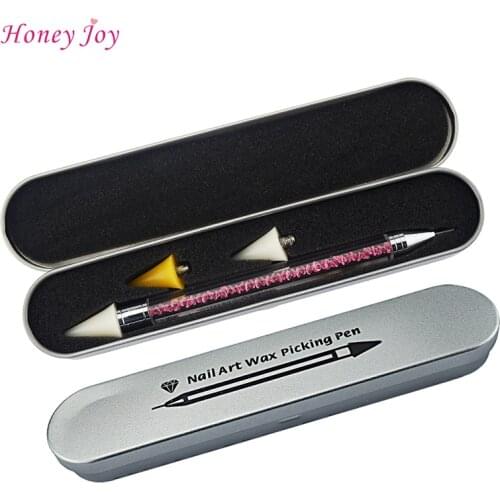 Well Protected Metal Case Packed Dual-ended Wax Nail Rhinestone Beads Studs Sequins Picker Dotting Pen Pencil Pink Clear Handle