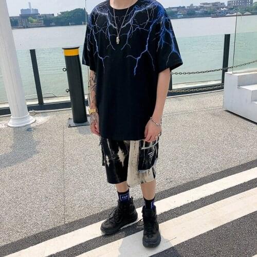 Streetwear Dark Lightning Print T Shirt Hip Hop Men Harajuku Tshirt Short Sleeve Cotton T-Shirt Fashion Black Casual Tops Tees