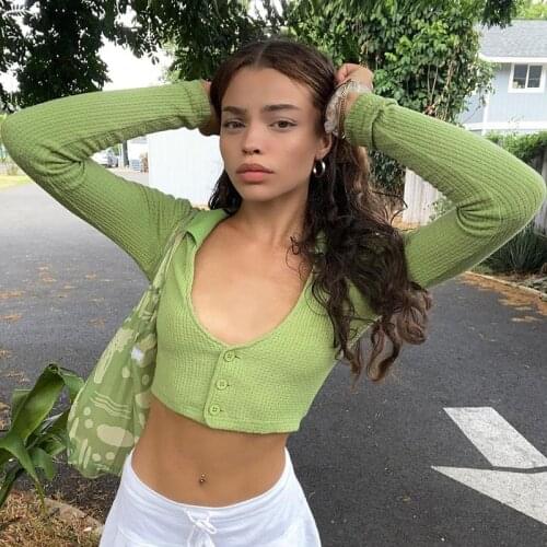 2021 Short Deep V Collar Cardigan Top Cropped Long-sleeved Jacke Green Fashion Sweater Early Autumn