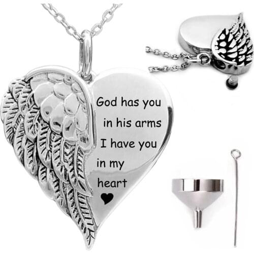 Stainless Steel Funeral Cremation Angel Wings Heart Pendant Necklace Keepsake Urn For Ashes Fashion Memorial Jewelry