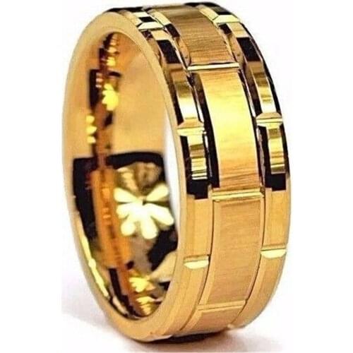 Mens Fashion Simple Tungsten Carbide Gold Color Grooved Ring Mens Engagement Wedding Band Party Anniversary Gift Jewelry