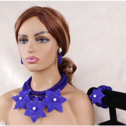 Dudo Store 3 Colors Nigerian Wedding Jewellery Sets Red/ Blue /Green African Beads Jewelry Sets Statement Necklace Flower Fine