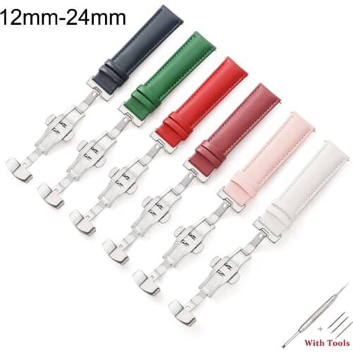 Genuine Leather Watchbands 12-24mm Universal Watch Butterfly buckle Band Steel Buckle Strap Wrist Belt Bracelet + Tool 20mm 22mm