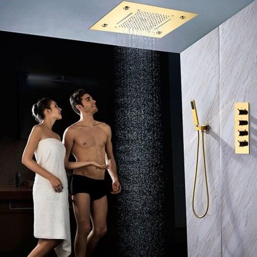 Gold Shower Set Ceiling Rain LED Shower Head System Thermostatic Concealed Mixer Faucet Bathroom Panel 360*500mm Stainless Steel
