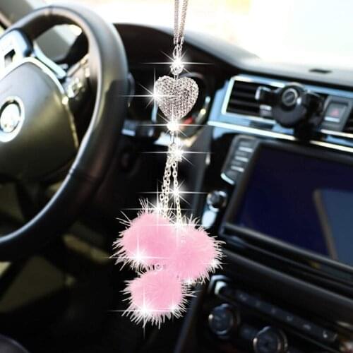 Bling Car Mirror Accessories For Women Love Heart Pink Plush Ball Rinestones Diamond Crystal Car Accessories View Mirror Charms