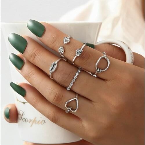 Pack of 6 Fashion Creative Knuckle Rings for Women With Crescent/Heart and Inlay Rhinestone Design Female Ring