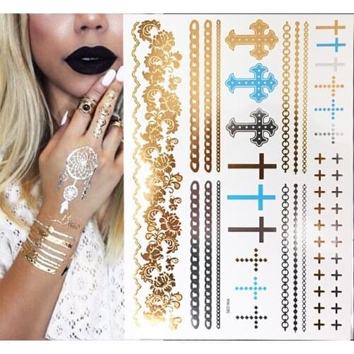 Christian Cross Style Temporary Tattoo With Gold Flash Tattoo Stickers