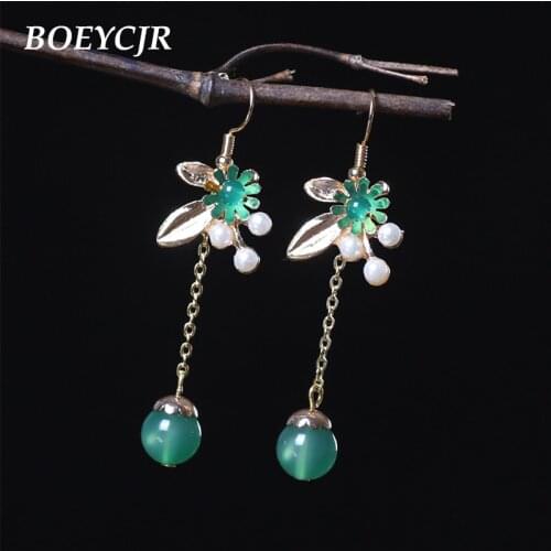 BOEYCJR Ethnic Vintage Gold Color Flower Stone Bead Dangle Jewelry Elegant Drop Hook Earrings For Women Gift