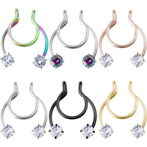 Zircon Clip Nose Ring Septum Fake Piercing Hoop Lip Rings Stainless Steel Helix Horseshoe Punk Body Jewelry Unisex Women
