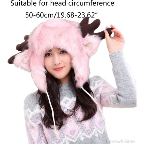 Unisex Winter Cosplay Furry Trapper Hat Cute Deer Ears Antlers Fluffy Plush Animal Earflap Cap Thermal Warm Earmuffs My05 21