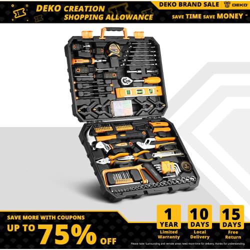 DEKO Hand Tool Set General Household Repair Hand Tool Kit with Plastic Tool box Storage Case Ratchet Wrench Hammer Screwdriver