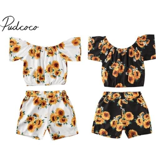 2020 Summer Toddler Baby Girl Clothes Sets Summer Boho Sunflower Outfits Crop Tops T-Shirt+Shorts Pants Holiday 2pcs Outfits