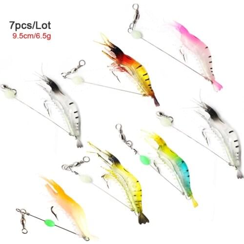 7pcs/Lot Luminous Shrimp Baits 95mm 6.5g Artificial Silicone Soft Lures Set Anzois Sabiki Casting or Trolling Sea Fishing Tackle