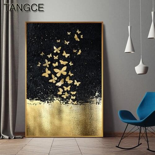 Abstract Golden Butterfly Dancing In The Sky Canvas Painting Modern Print Poster F Living Room Cuadros Wall Art Decoracion Salon