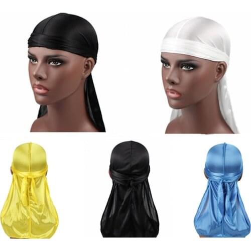 Satin Men Stretchy Cap Hip Hop Du Doo Rag Durag Wigs Turban Bandana Headwear Solid Color Long Hat Tie Down Tail Hair Accessories