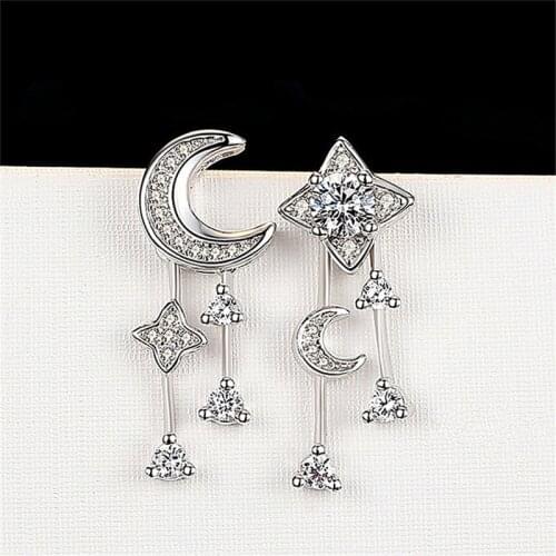 B-ling B-ling Shiny Zircon Moon Star Drop Earrings For Women Jewelry Charm Silver 925 Asymmetry Earrings Lady Cool Accessories