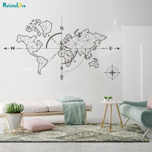 Large World Map Compass Earth Wall Sticker Office Classroom Travel Global Exploration Adventure Decals Vinyl Art Décor YT2189