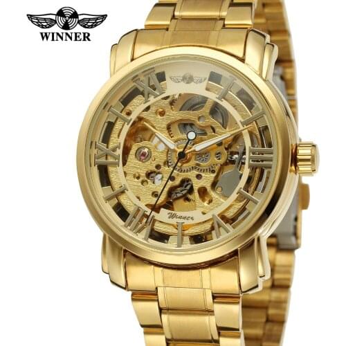 WINNER Men Top Brand Full Golden Classic Stainless Steel Bracelet Automatic Mechanical Skeleton Military Wrist Watch Whole Sale