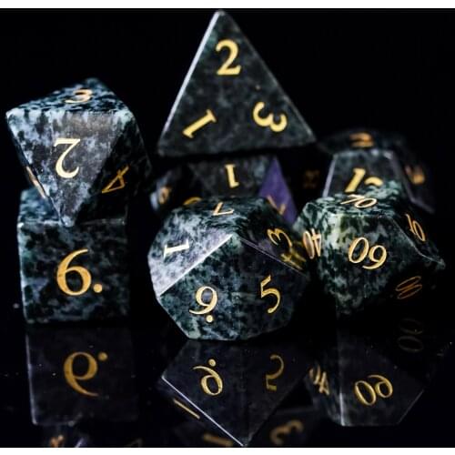 Cusdie Set of 7 Handmade Seaweed Stone Dice, 16mm Polyhedral Stone Dice Set with Leather Box, DND Dices for Collection