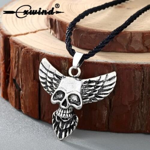 Cxwind Gothic Skull Cross Pendant Necklace Punk Wing Skeleton Skull Head Necklaces for men women Rope Chain Jewelry Gift
