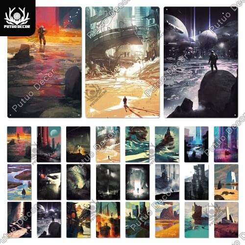 Putuo Decor Future Cities Metal Posters Tin Sign Landscapes Iron Painting Man Cave Living Room Bedroom Wall Decor