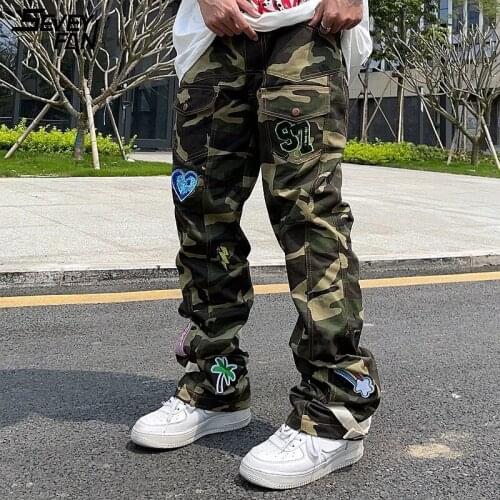 Men Camo Hip Hop Cargo Jeans Embroidery Badge Patchwork Streetwear Harajuku Denim Pants Hi Street Straight Casual Jean Trousers