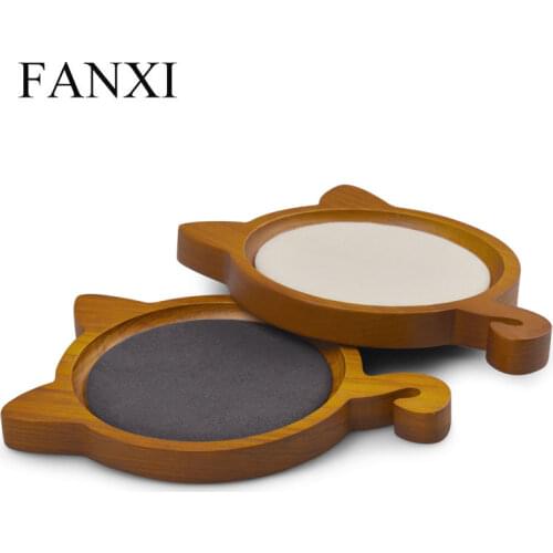 FANXI Newly High Quality Cute Cat Solid Wood Earrings Display Tray Microfiber Jewelry Organizer Display Holder