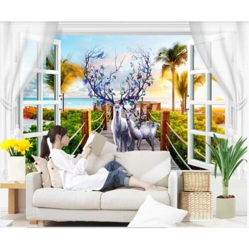 Custom mural on the wall paper 3d Window sea view elk background home decor photo wallpaper for walls in the living room