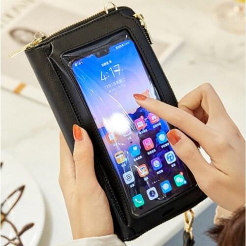 RFID Touchable Phone Pocket Women Shoulder Bags PU Leather Ladies Small Crossbody Bags Female Clutch Transparent Wrist Wallet