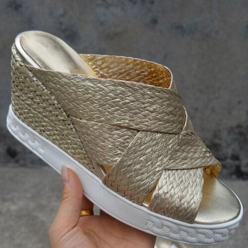 Summer Ladies Cross Braided Leather Platform Slipper 8 cm High Wedge Heels Female Peep toe Leisure Slip on Slide