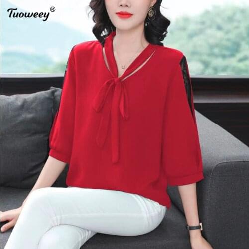Fashion Women summer Blouses 2021 lace half Sleeve OL Blouse Women Tops Office Lady Shirt red Chiffon Women Blouse Shirt Blusas