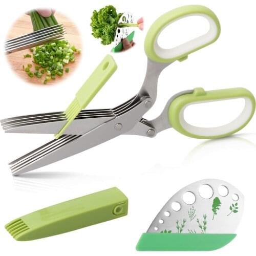 Herb Scissors Stripper Set Kitchen Shears Cutter Tools 5 Blades Multi Purpose Scissors 2 IN 1 Herb Stripping Kits Cleaning Brush