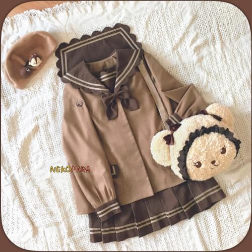 Macha or Chocolate Cookies Japanese Student JK Uniform Set: Long Sleeve Sailor Collar Blouse & Bow + Pleated Skirt Preppy Style
