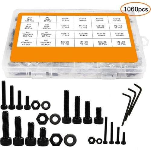 1060pcs M2 M3 M4 M5 Hex Socket Screw Set Carbon Steel Flat Round Cap Head Screws Bolts and Nuts Assortment Kit with Storage Box