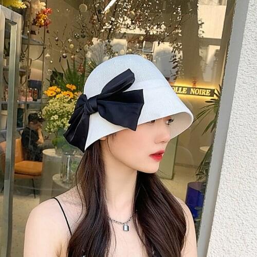 Summer Fashion Bow Bucket Hats For Women Breathable Elegant Lady Vintage Caps Woven Mesh Hollow Modern Noble Hats New Sweet