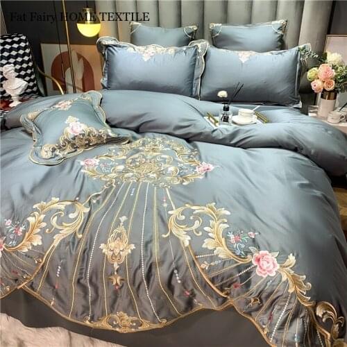 Luxury Soft Satin Egyptian Cotton European Palace Bedding Set Flowers Embroidery Double Duvet Cover Flat/Fitted Sheet Pillowcase