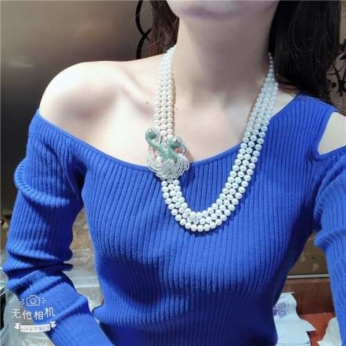 Hand knotted 3strands 7-8mm white freshwater cultured pearl micro inlay zircon accessories swan buckle flowersweater necklace l