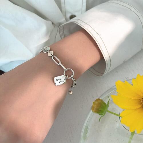 925 Sterling Silver GOOD LUCK Bracelet for Women Geometric Square Disc Thai Silver Bracelet Birthday Gift